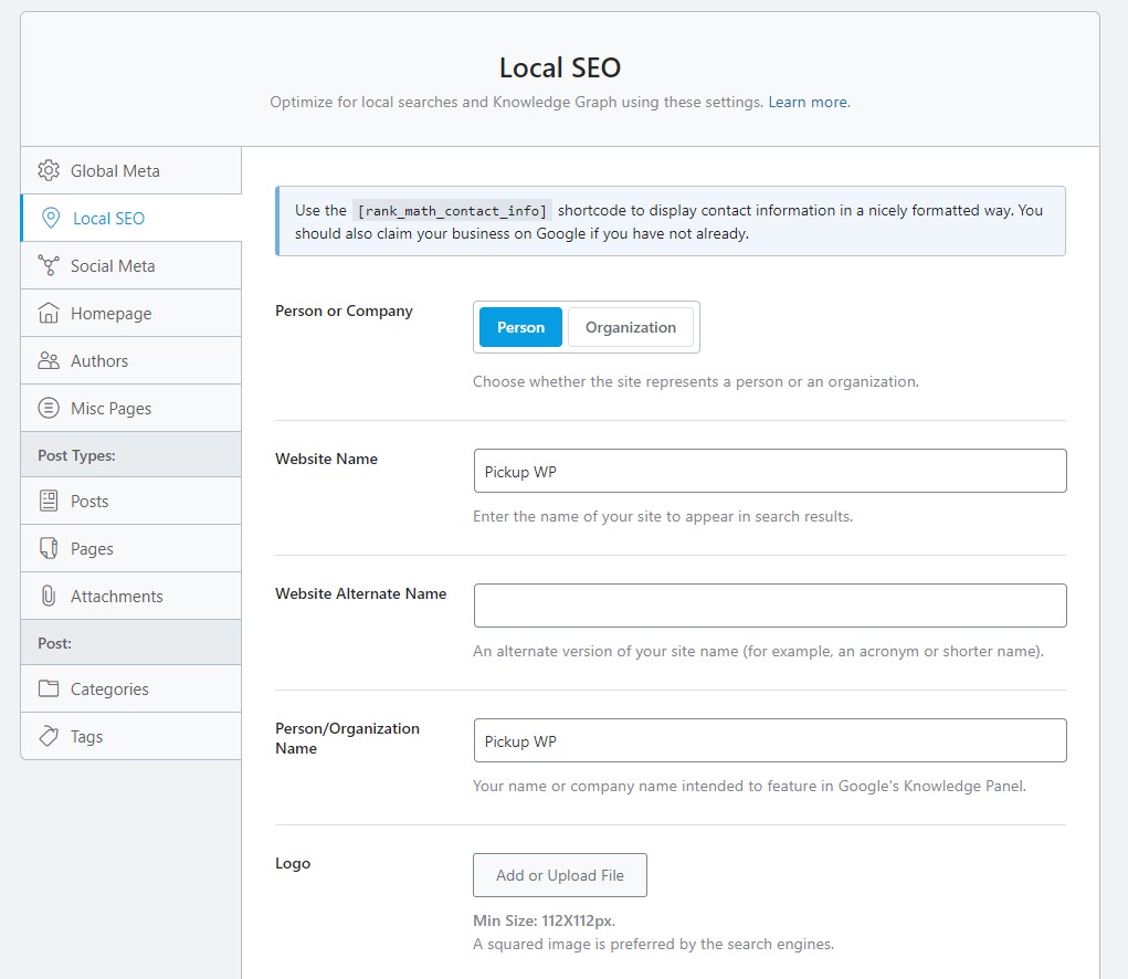Rank Math Local SEO Option