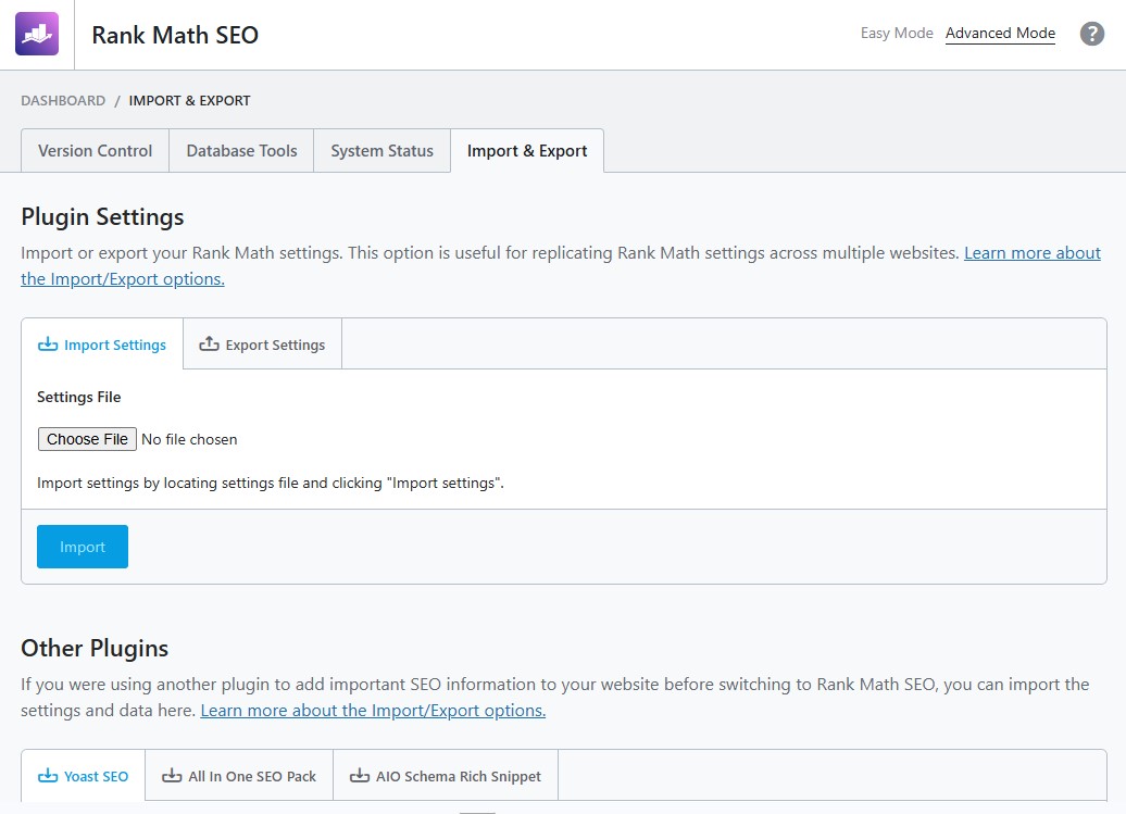 Rank Math Import and Export Option