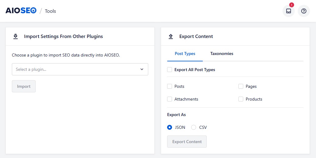 AIOSEO Import Export