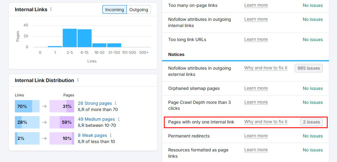 Page With Only One Internal Link Issue in Semrush Internal Linking Report