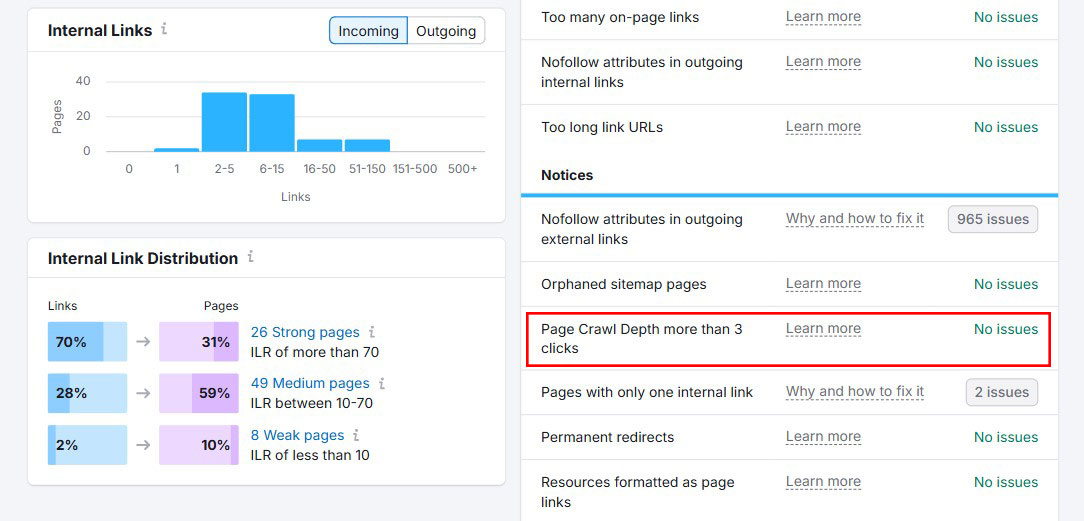 Page Crawl Depth More Than 3 Clicks Issues in Semrush Internal Linking Report