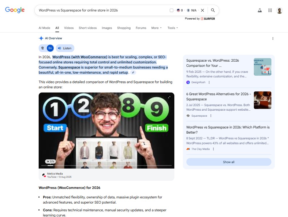 Google AI Overview Example for Google Search "WordPress vs Squarespace for Online Store in 2026"