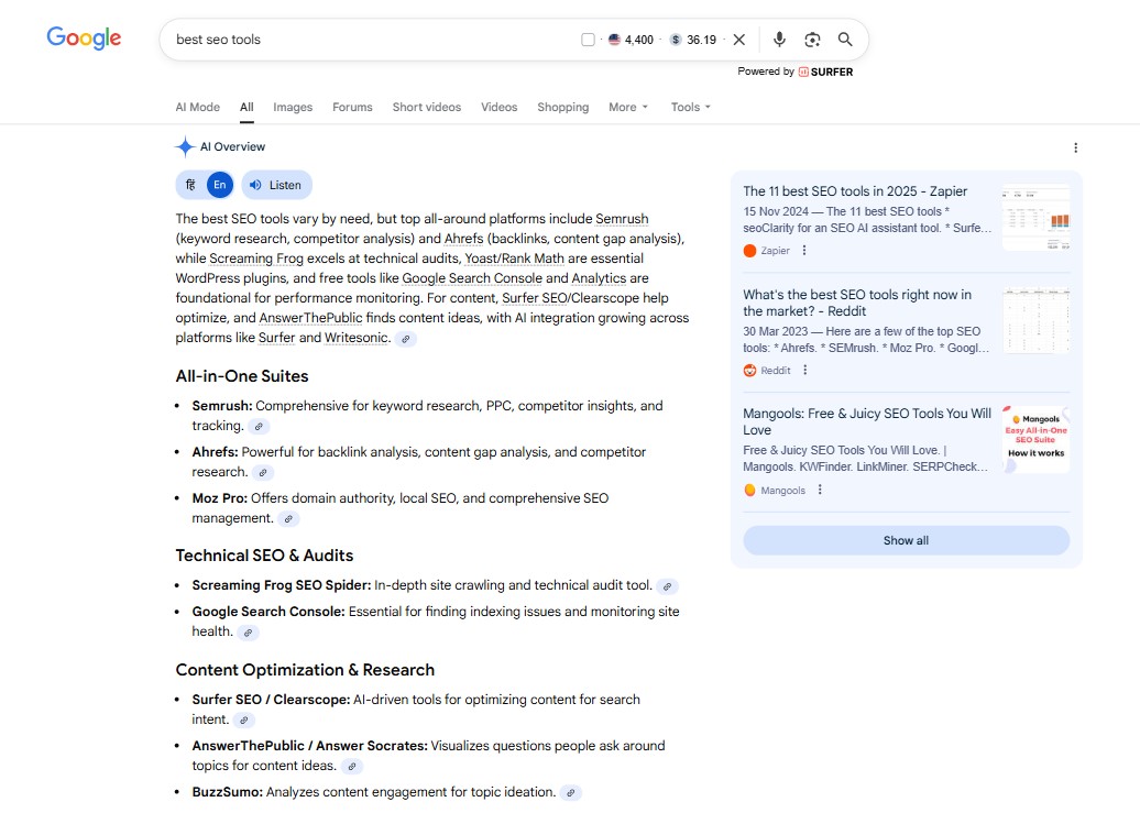 Google AI Overview Example for "Best SEO Tools"