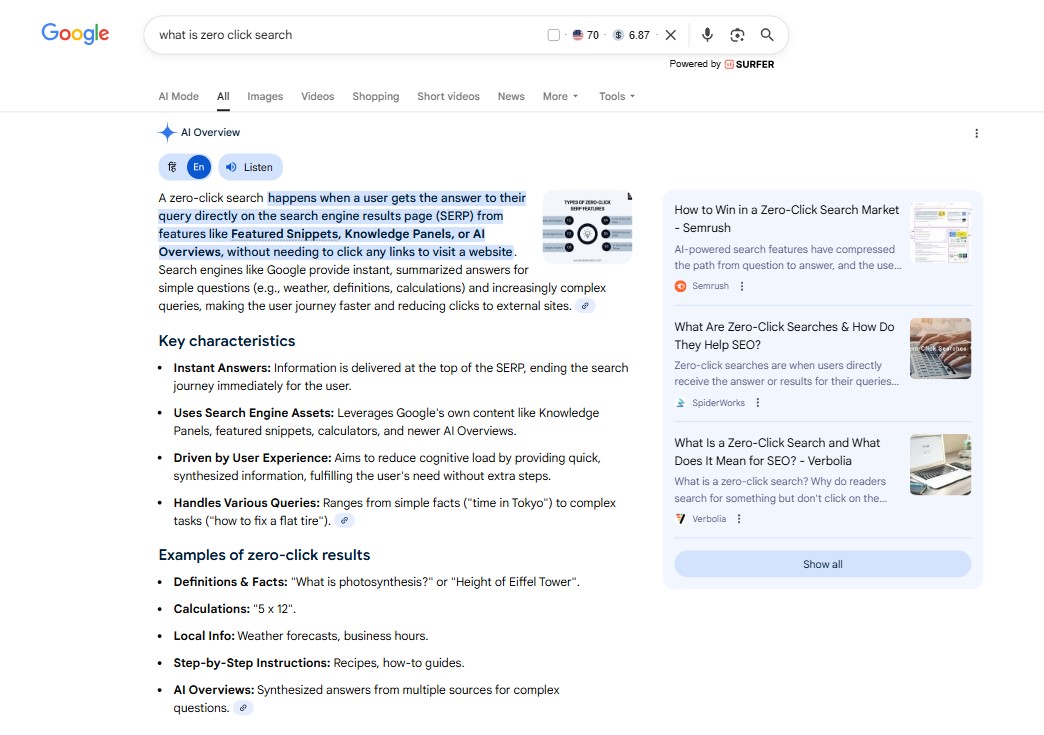 Google AI Overview Example for the Keyword "What is Zero-Click Search"