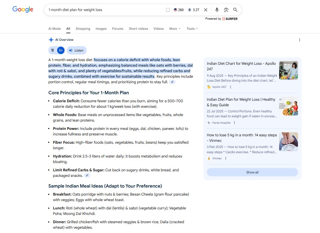 AI Overview Example for the Keyword "1 Month Diet Plan for Weight Loss"