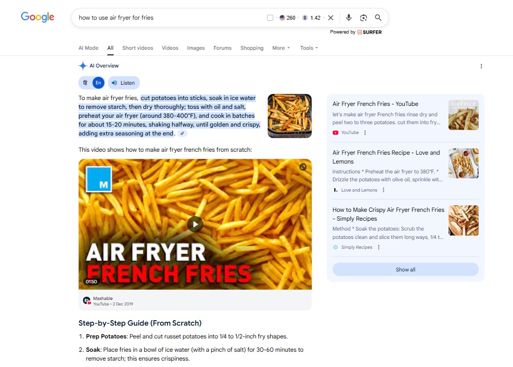 AI Overview Example for the Keyword "How to Use Air Fryer For Fries"