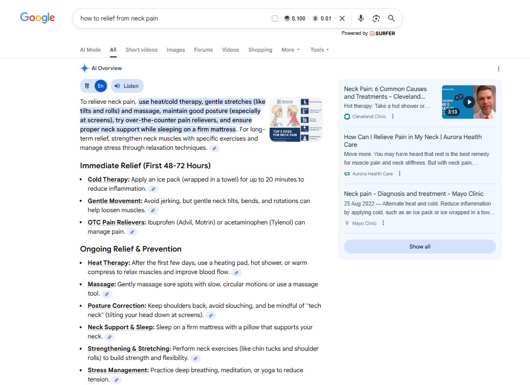 AI Overview Example for the Keyword "How to Relief From Neck Pain"