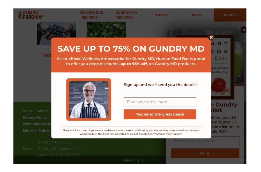 OptinMonster Popup on Human Food Bar Website